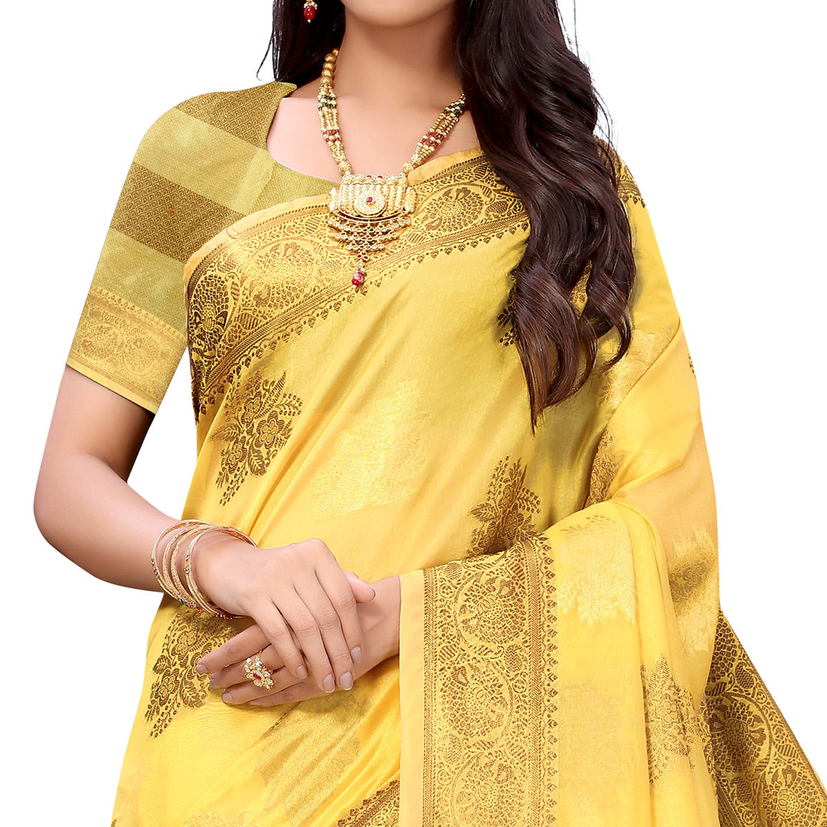 Yellow Festive Wear Floral Woven Silk Saree