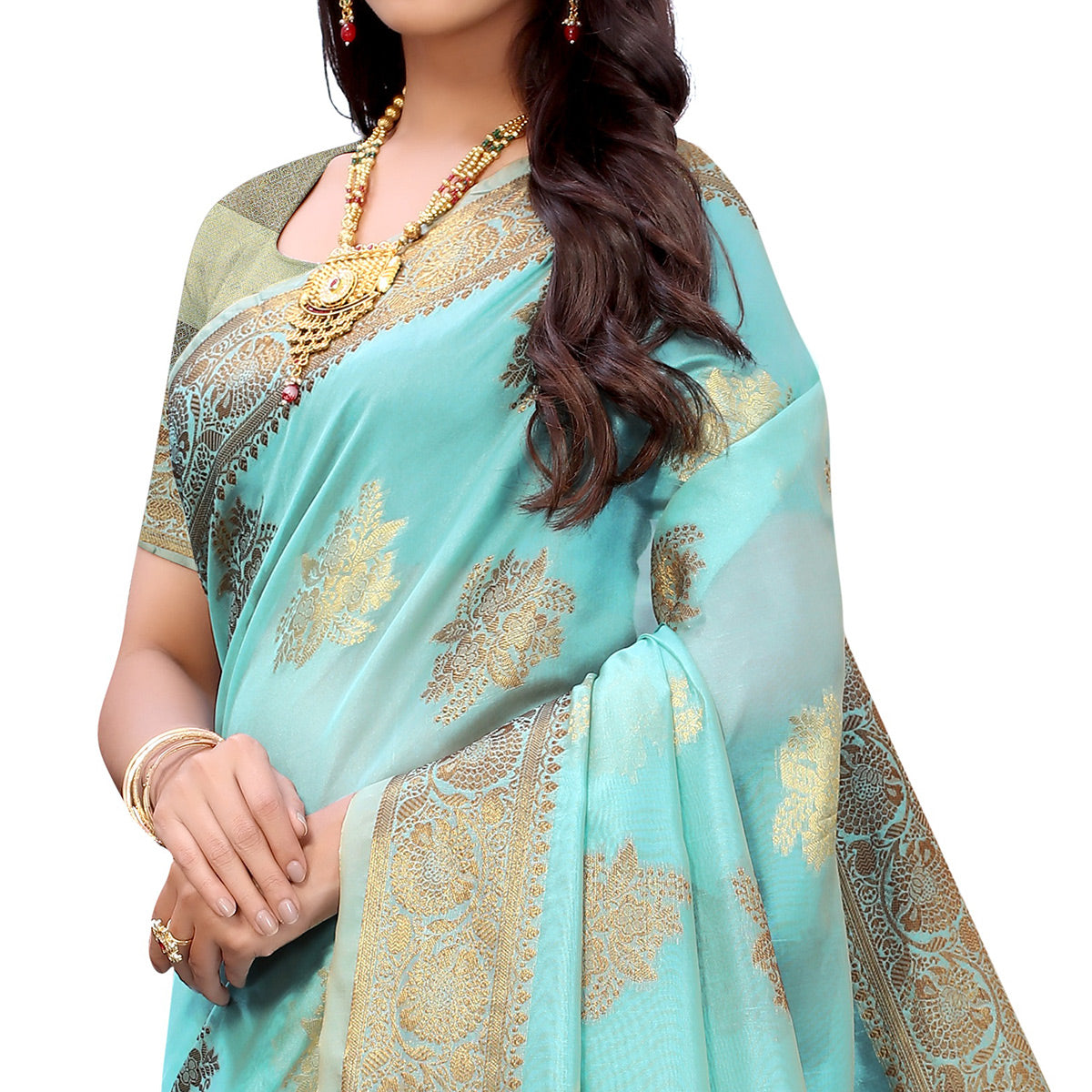 Firozi Festive Wear Floral Woven Silk Saree