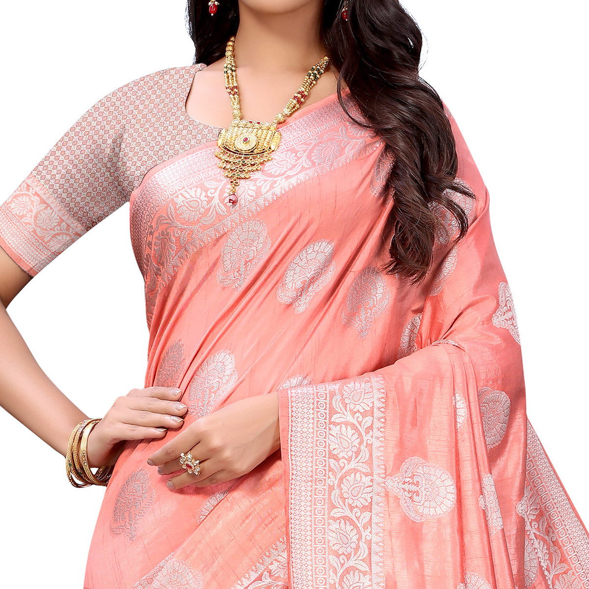 Peach Festive Wear Woven Art Silk Saree