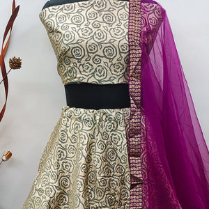 Beige Woven Jacquard Silk Lehenga Choli