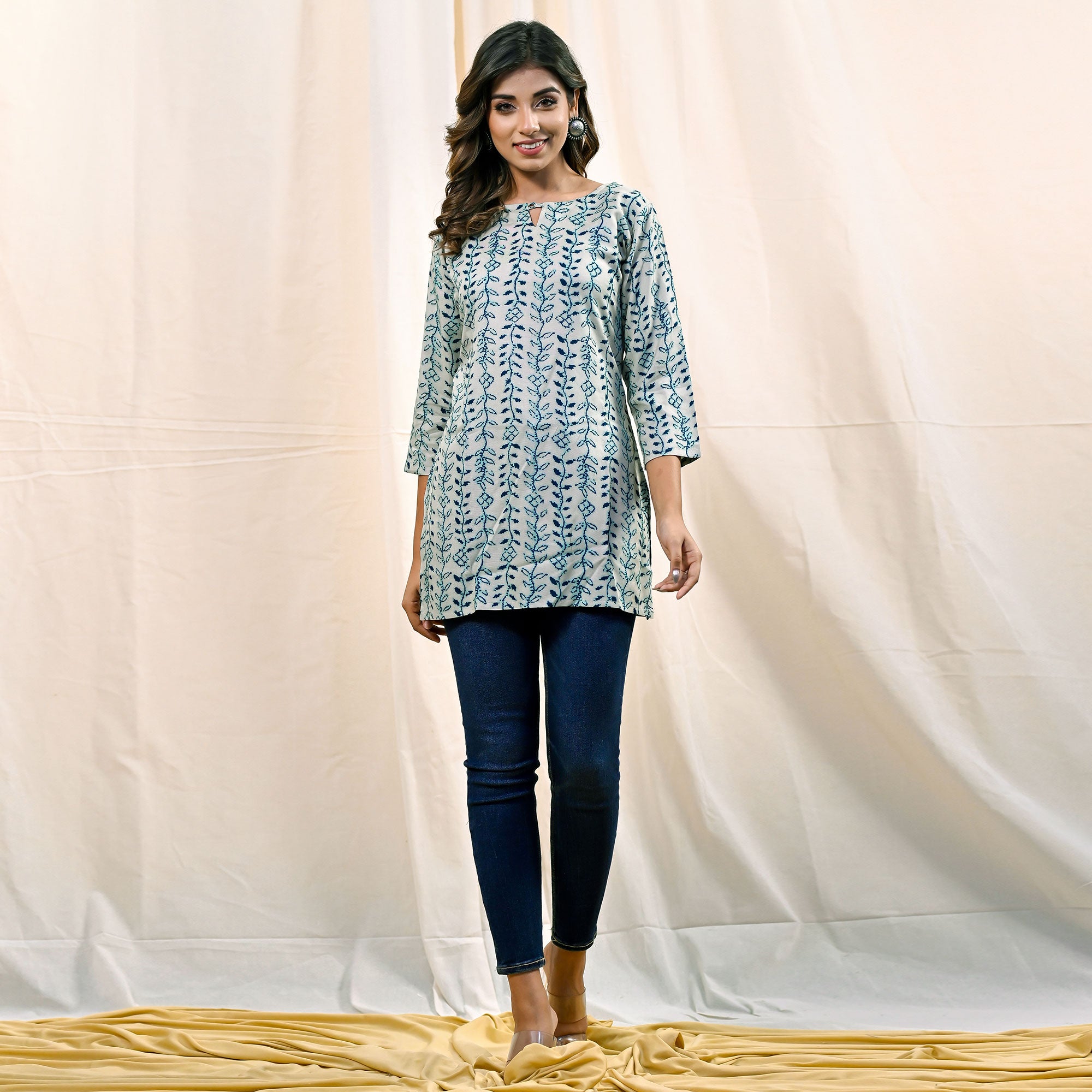 Aqua Floral Printed Rayon Top