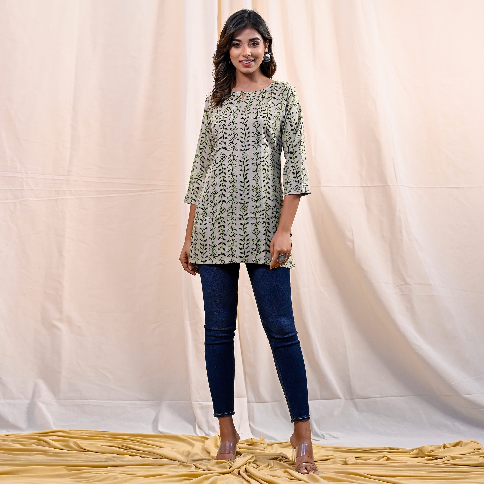 Green Floral Printed Rayon Top