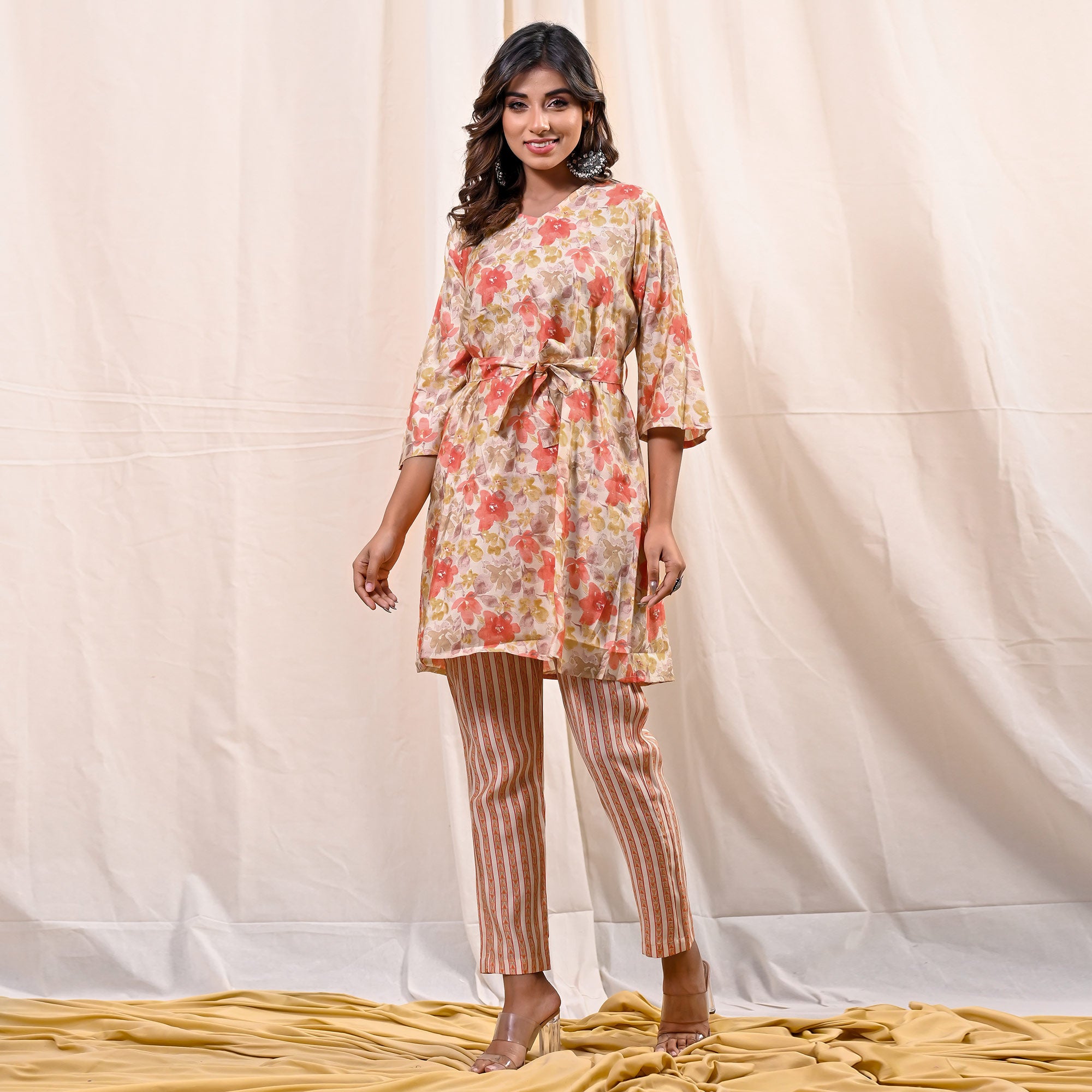 Peach Floral Foil Printed Chanderi Top Bottom Set With Belt