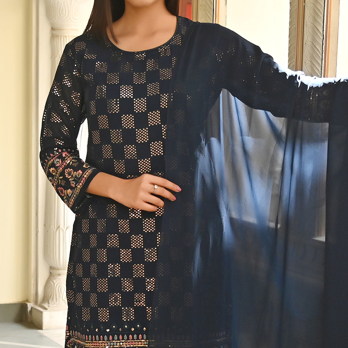 Navy Blue Sequins Embroidered Georgette Palazzo Suit