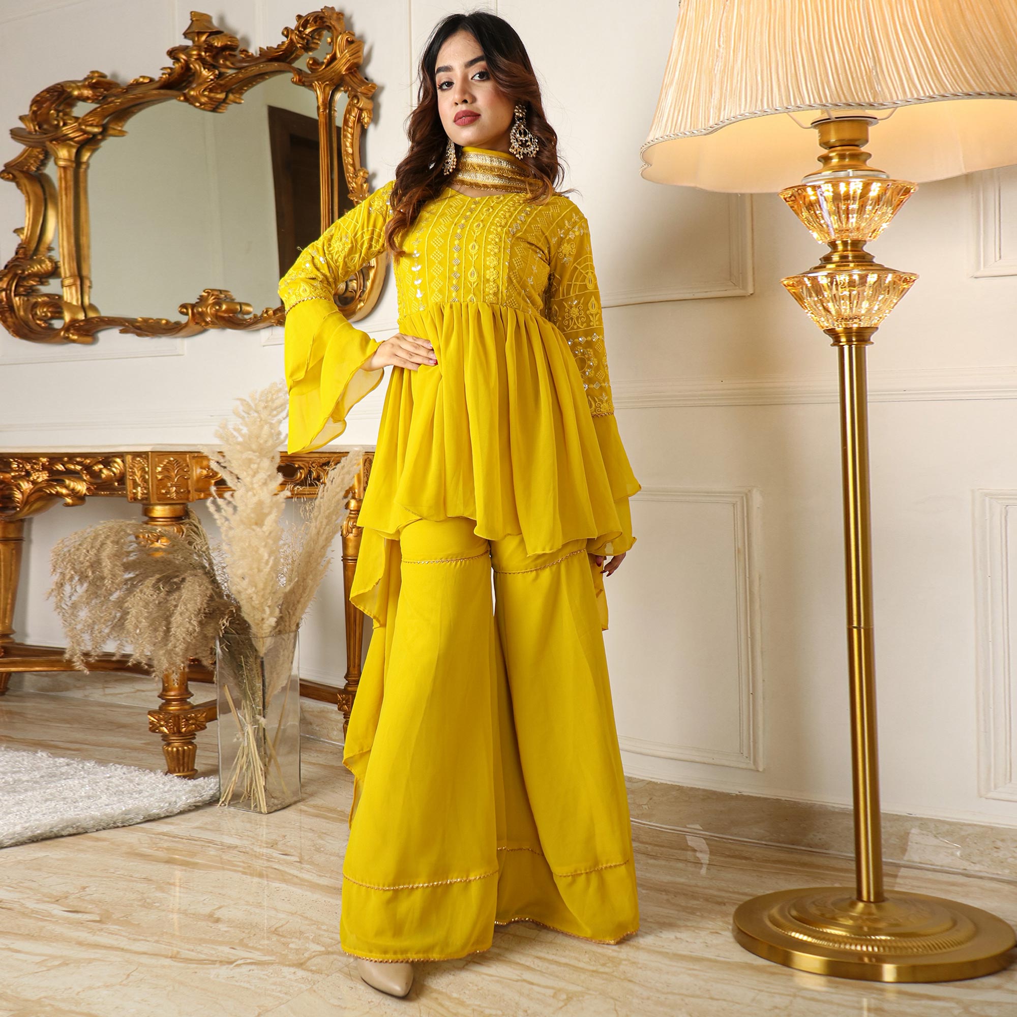 Lemon Yellow Sequins Embroidered Georgette Sharara Suit