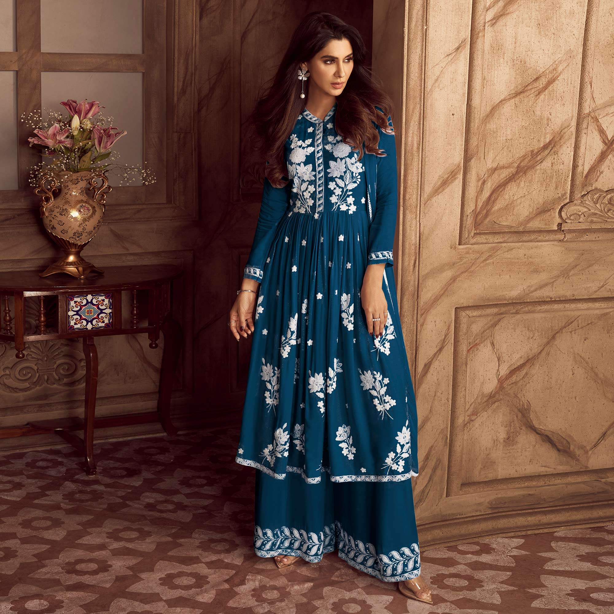 Teal Blue Lucknowi Embroidered Rayon Palazzo Suit