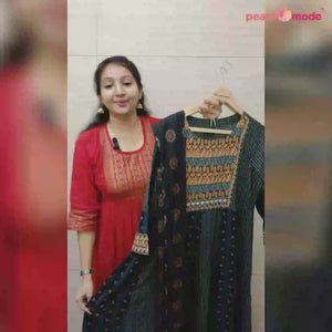 Black Printed With Embroidered Rayon Anarkali Suit