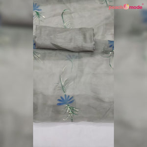 Grey Hand Printed Organza Saree