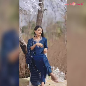 Blue Embellished With Embroidered Muslin Kurti Pant Set With Dupatta