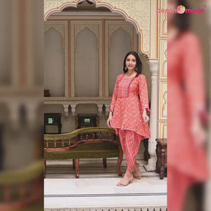 Peach Printed Muslin Kurti With Dhoti Set