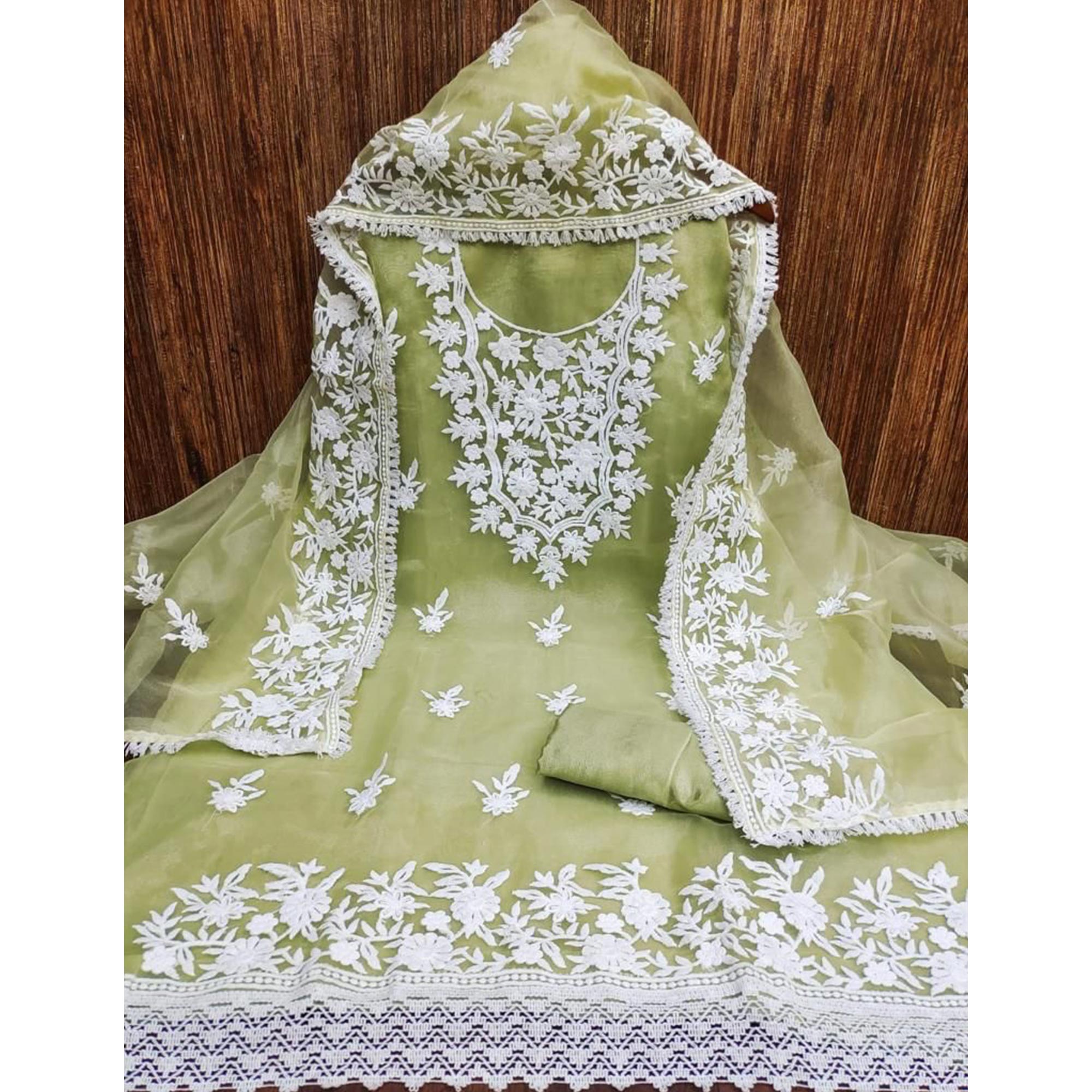 Green Floral Embroidered Organza Dress Material