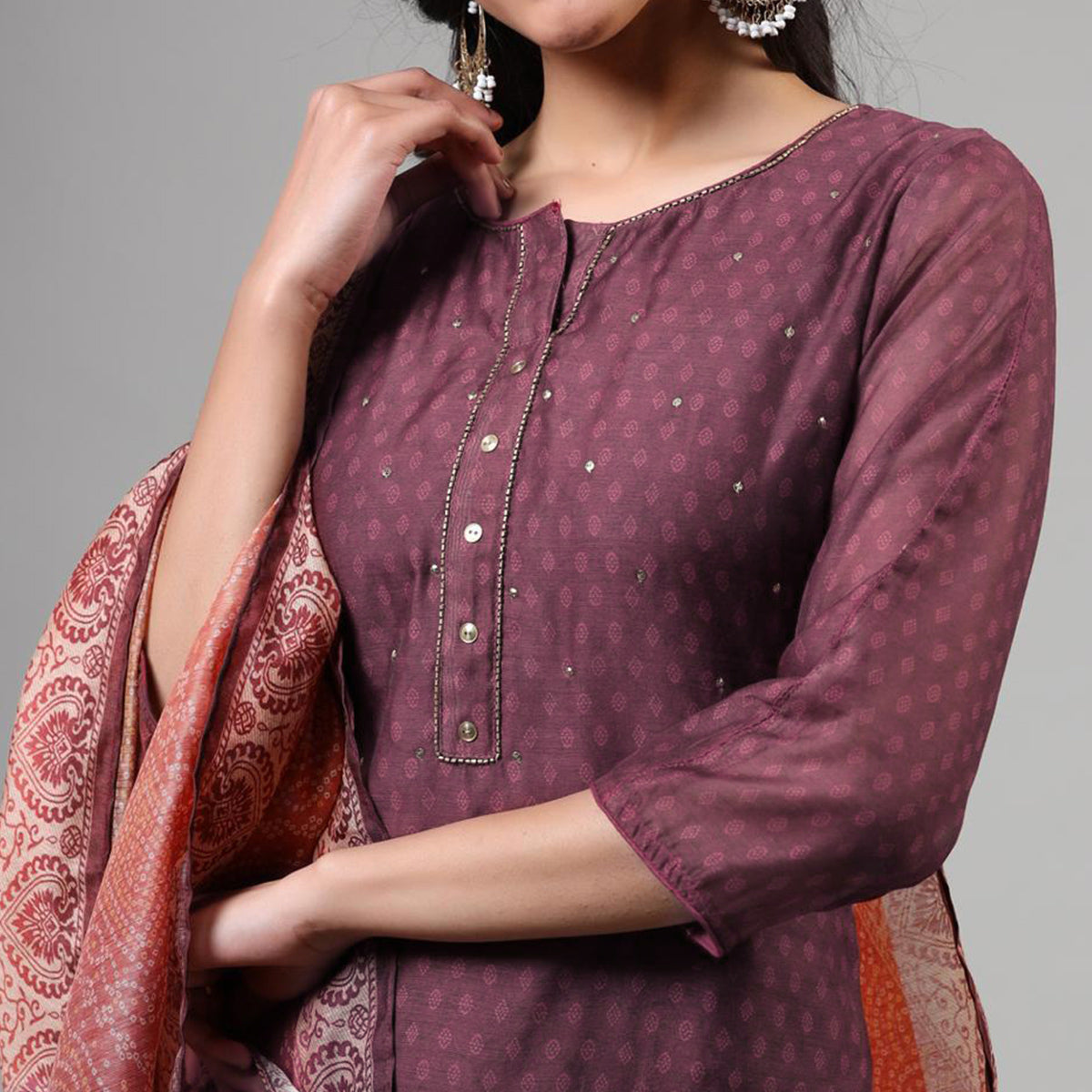 Dark Mauve Printed Chanderi Salwar Suit