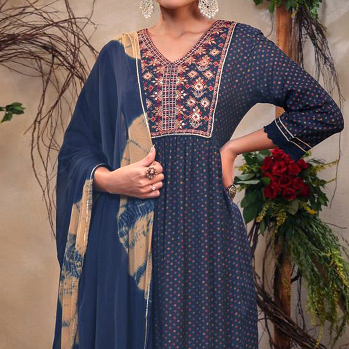 Blue Floral Printed With Embroidered Muslin Naira Cut Suit