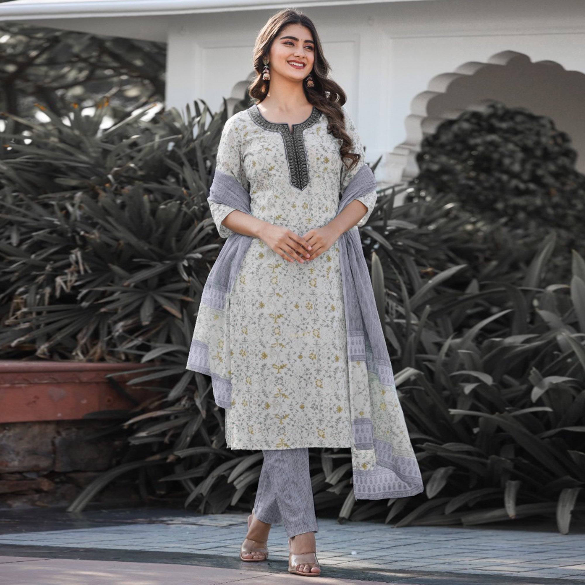 White And Grey Jaipuri Printed Pure Cotton Suit