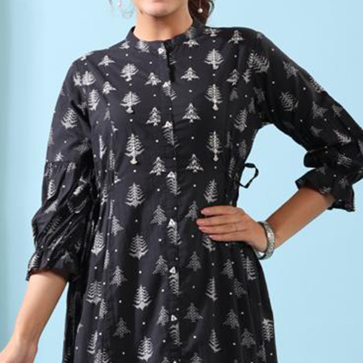 Black Floral Printed Pure Cotton Anarkali Style Gown