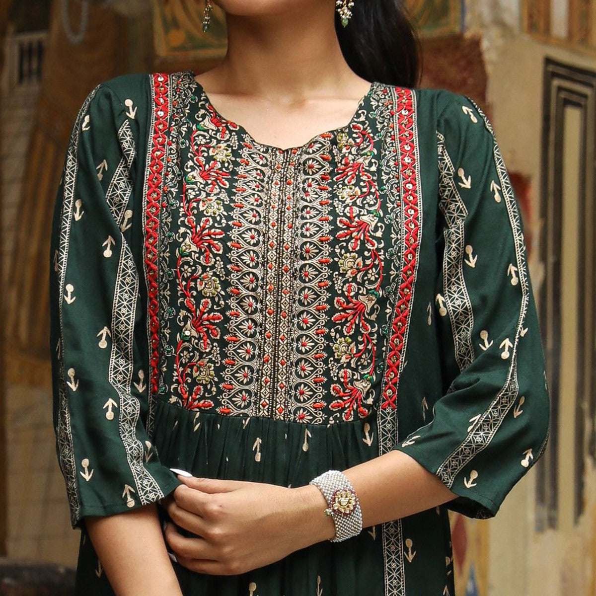 Green Printed With Embroidered Rayon Naira Cut Kurti