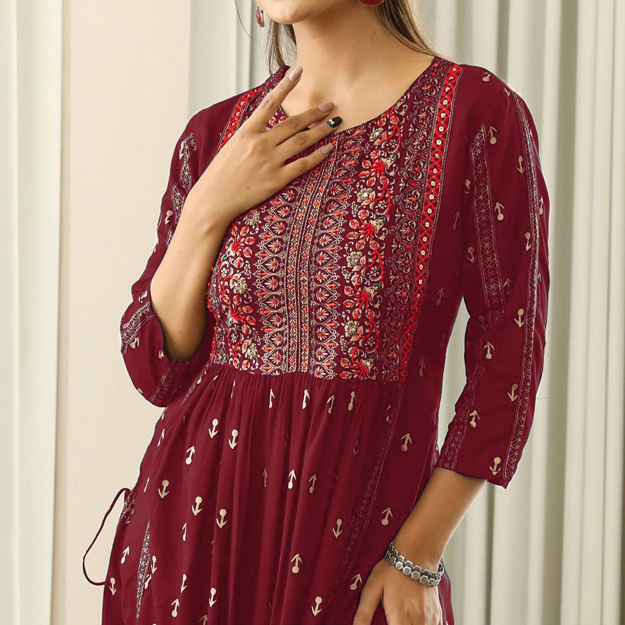 Maroon Printed With Embroidered Rayon Naira Cut Kurti