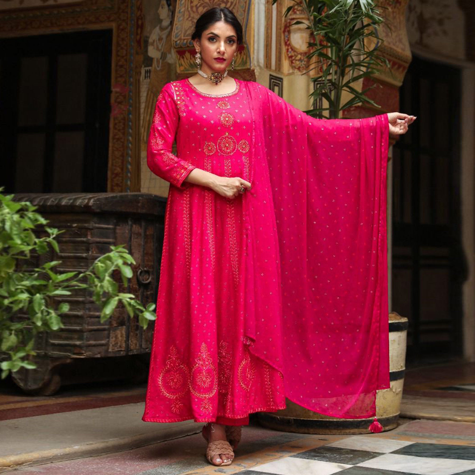 Pink Printed & Embroidered Rayon Anarkali Suit