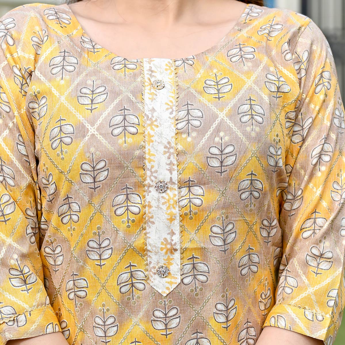 Yellow Floral Foil Printed Rayon Suit