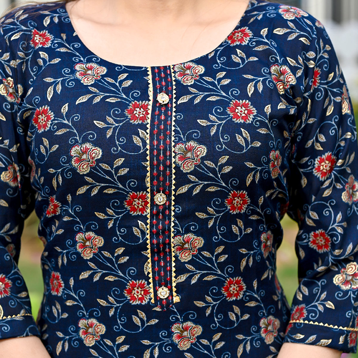 Navy Blue Floral Foil Printed Rayon Suit