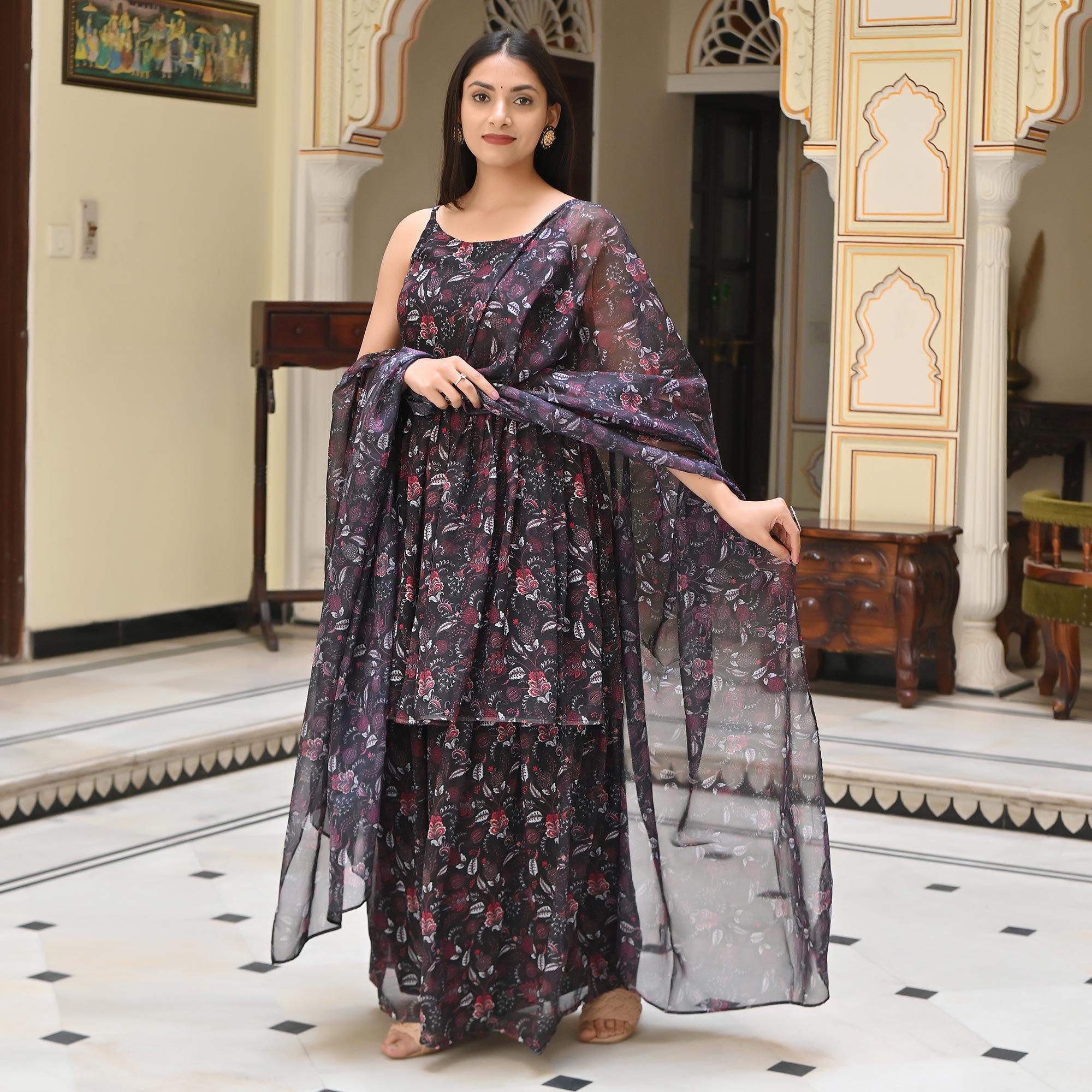 Black Floral Digital Printed Georgette Sharara Suit