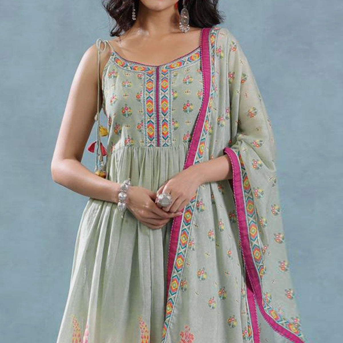 Mint Green Floral Printed Pure Cotton Naira Cut Suit