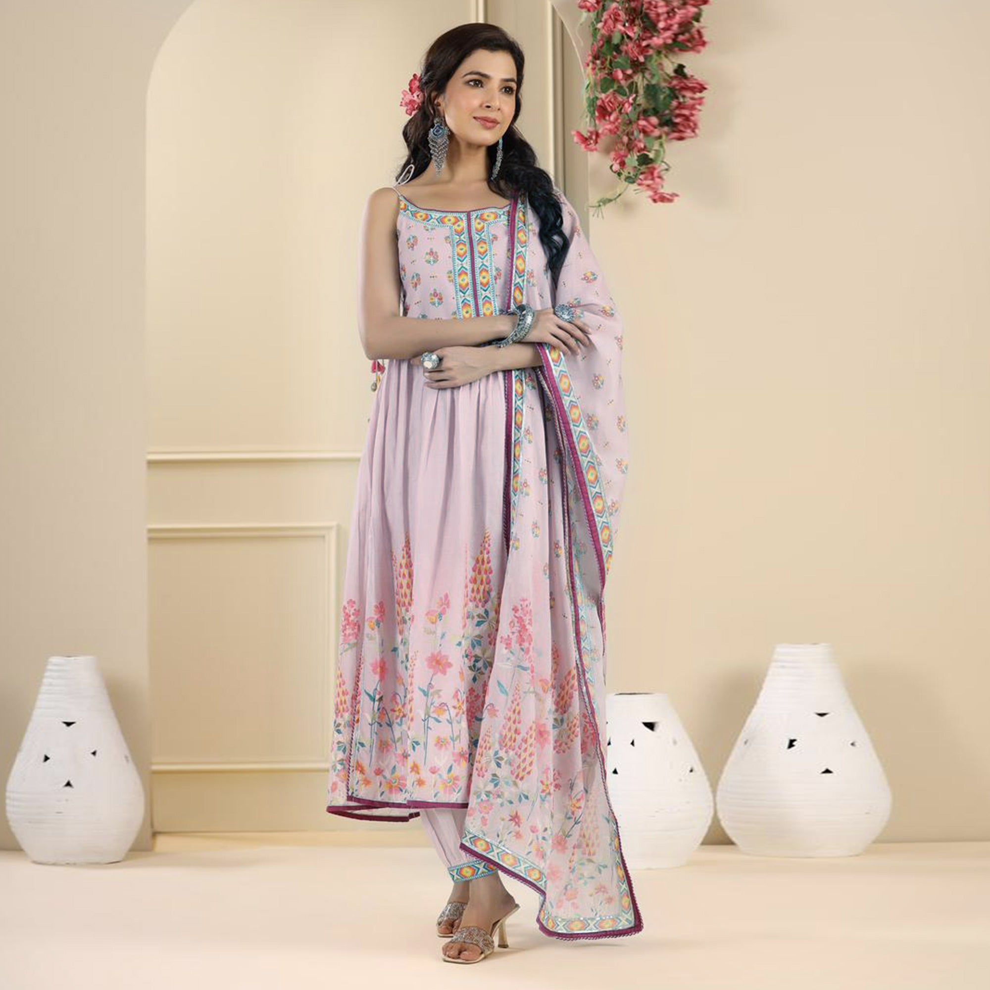 Lavender Floral Printed Pure Cotton Naira Cut Suit