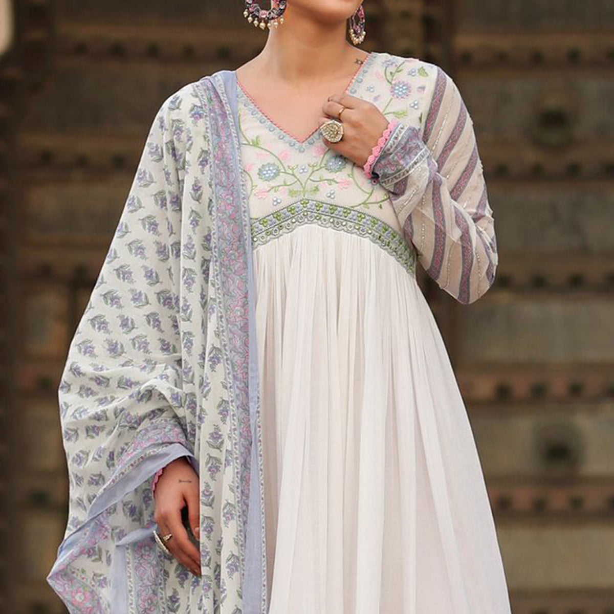 White Violet Floral Printed Pure Cotton Gown With Dupatta