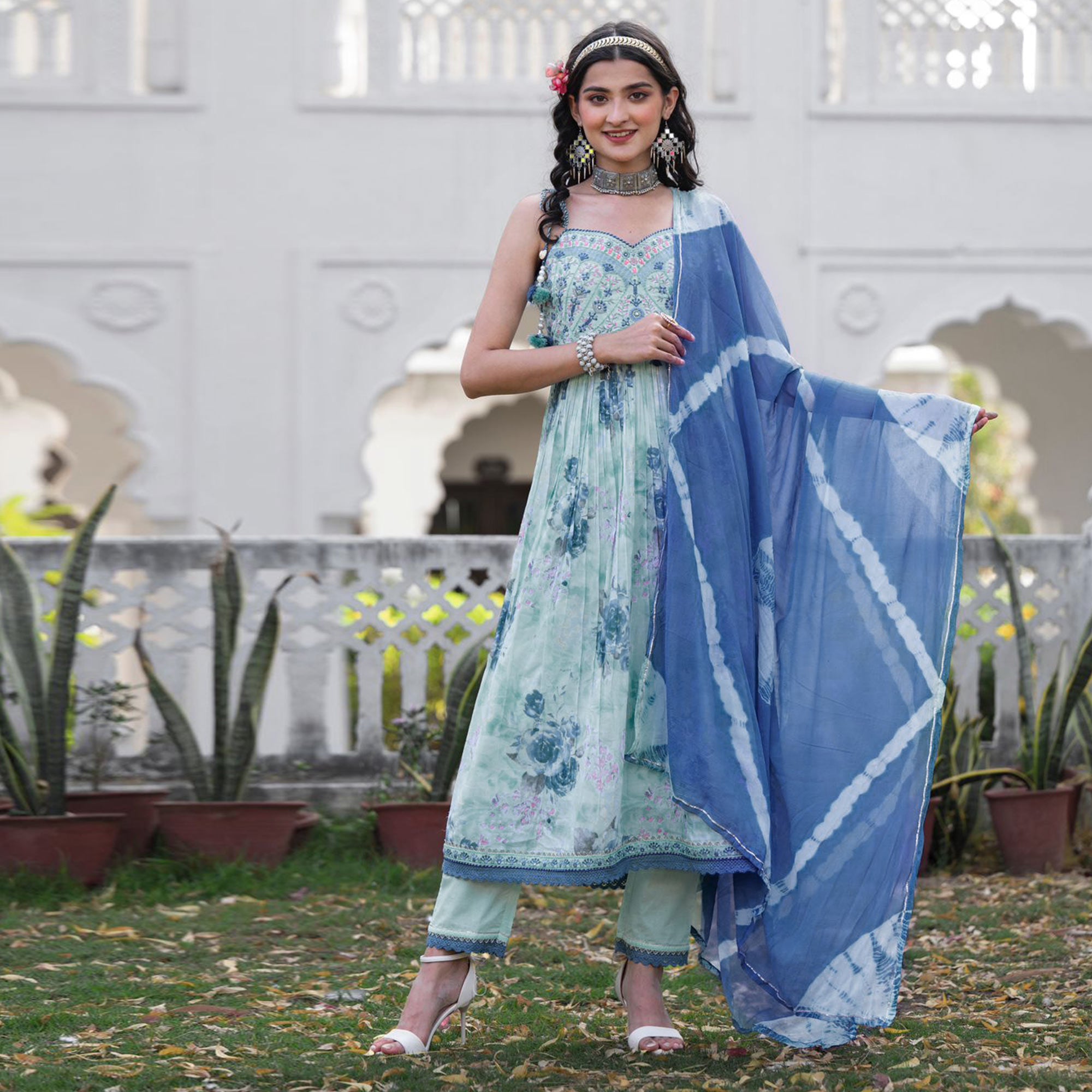 Sea Green Floral Printed With Embroidered Pure Cotton Anarkali Suit
