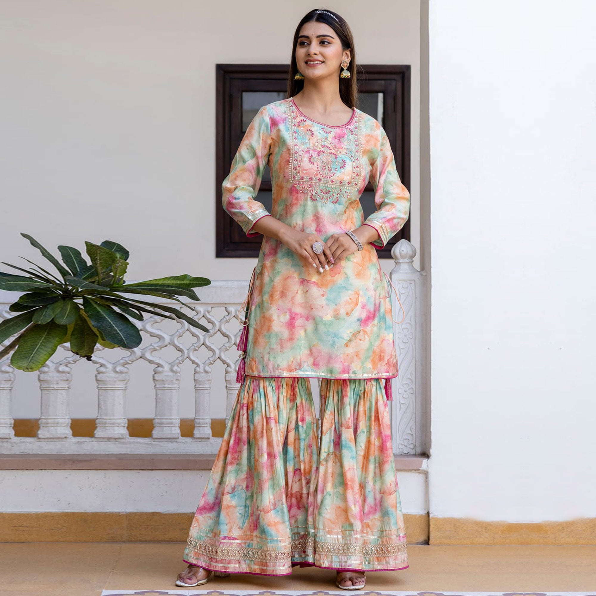 Multicolor Printed Muslin Sharara Suit