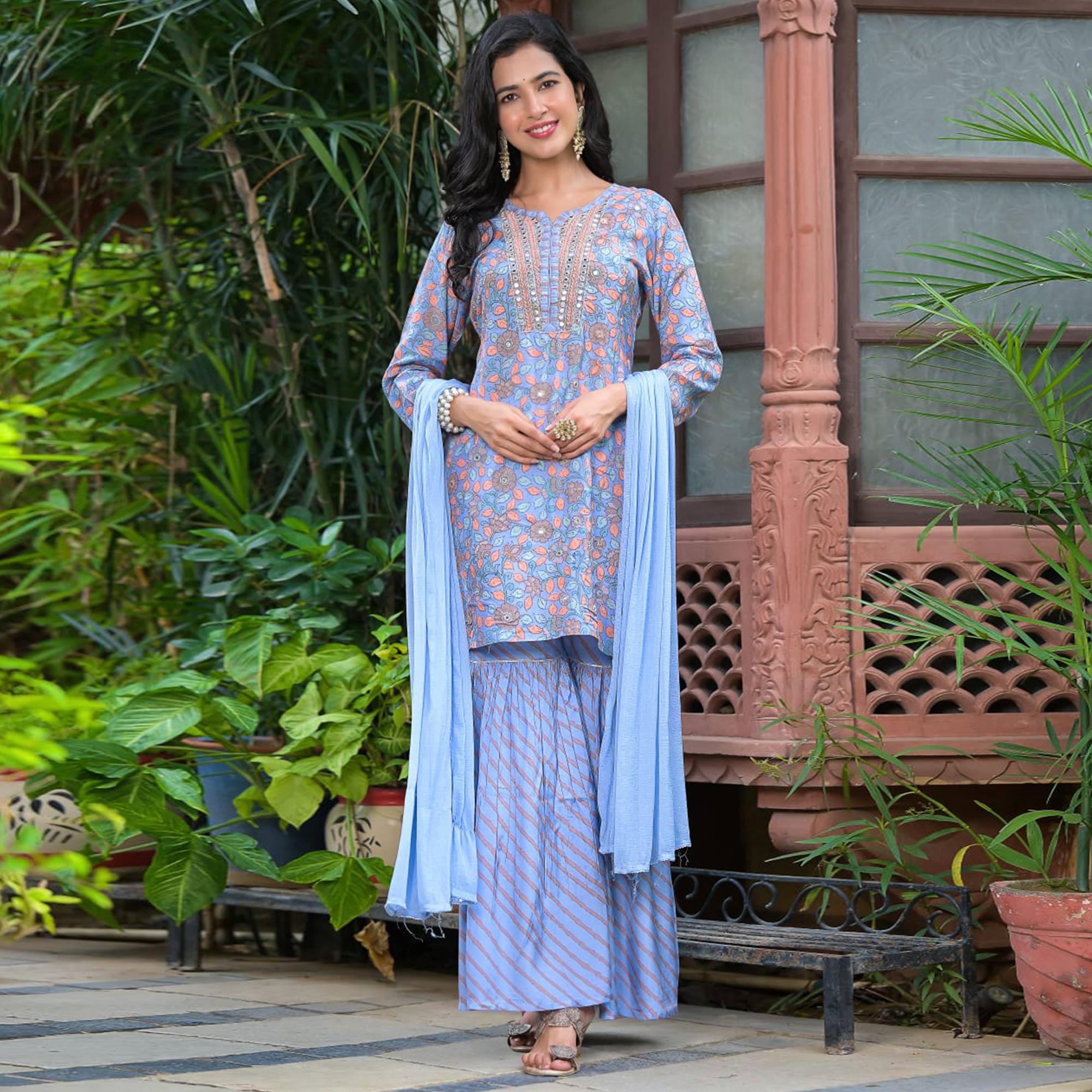 Blue Floral Printed Muslin Sharara Suit