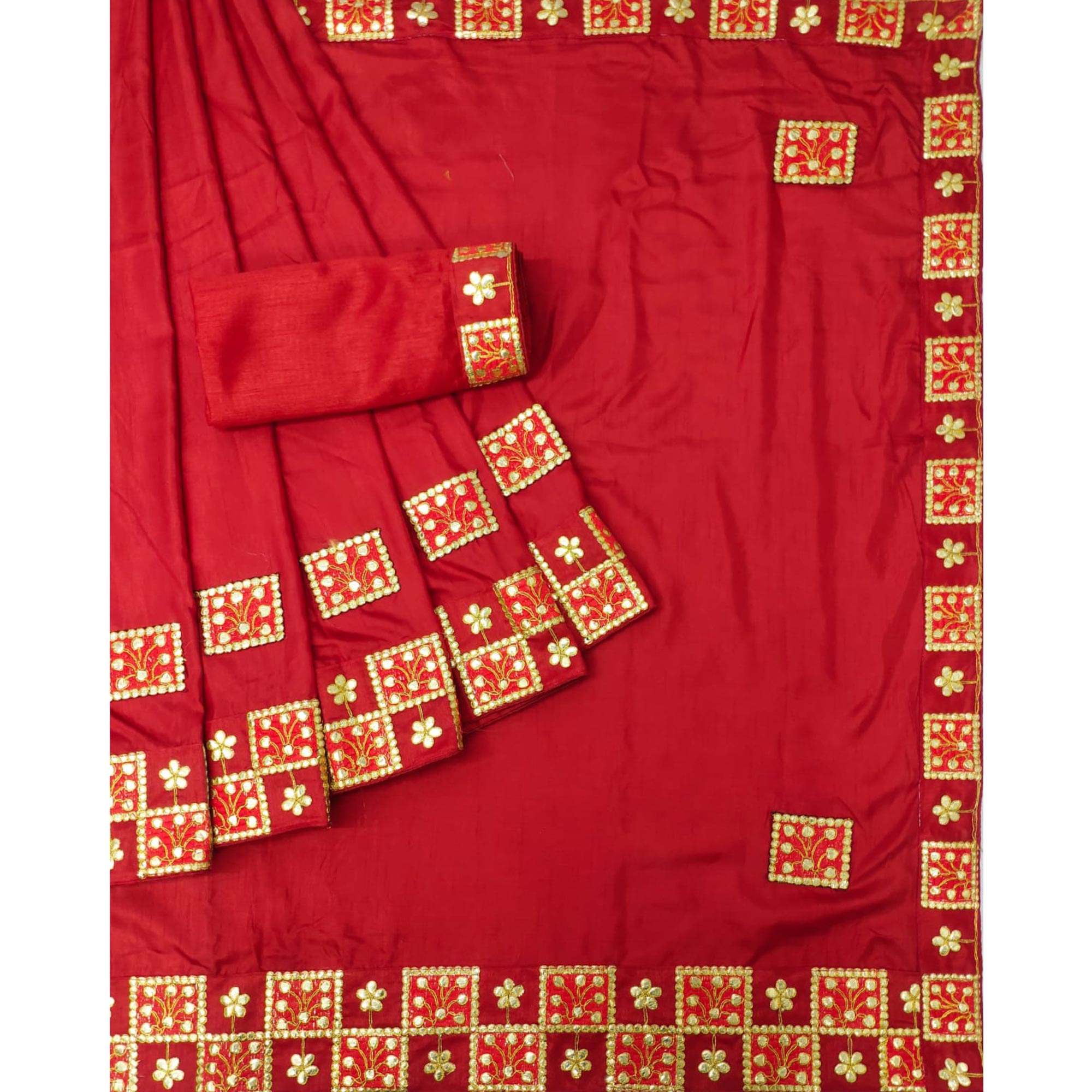 Red Floral Gota Patti Work Dola Silk Saree