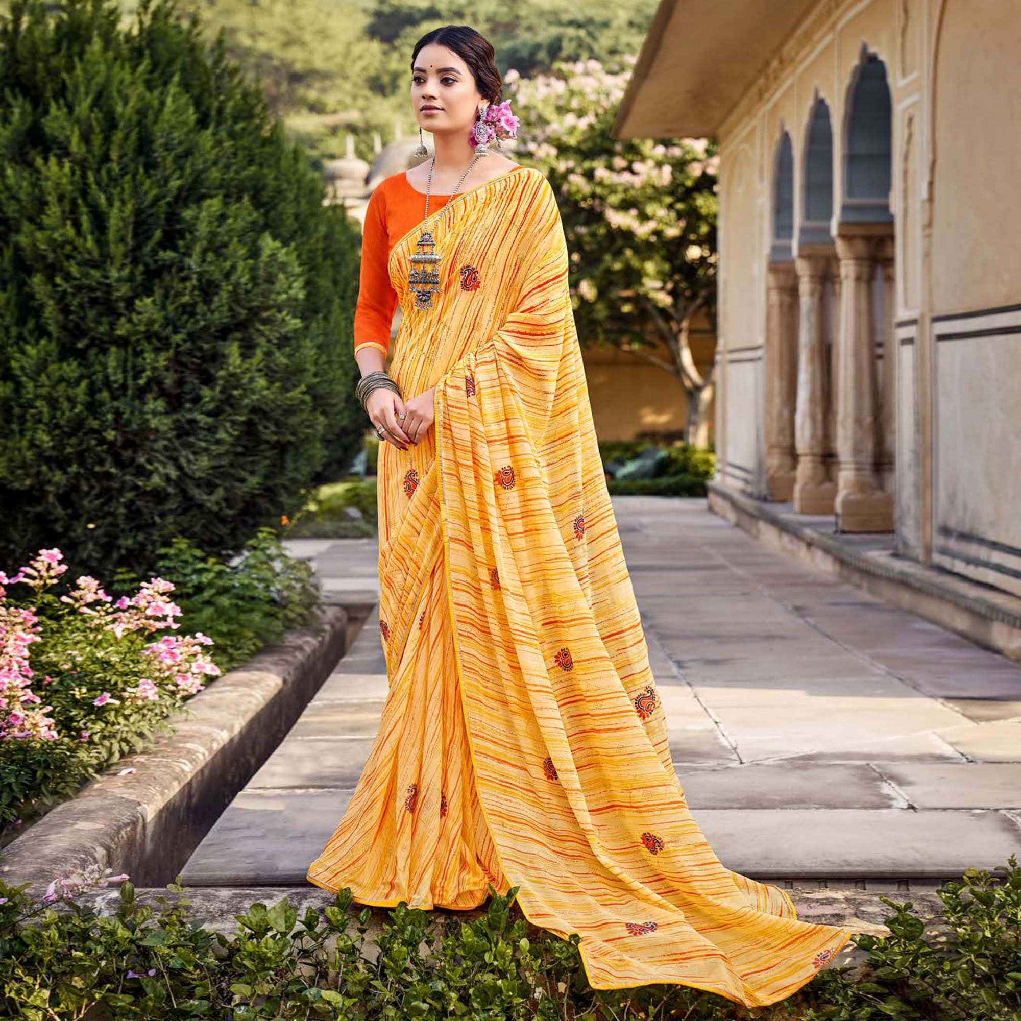 Yellow Printed Raw Silk Saree With Fancy Border