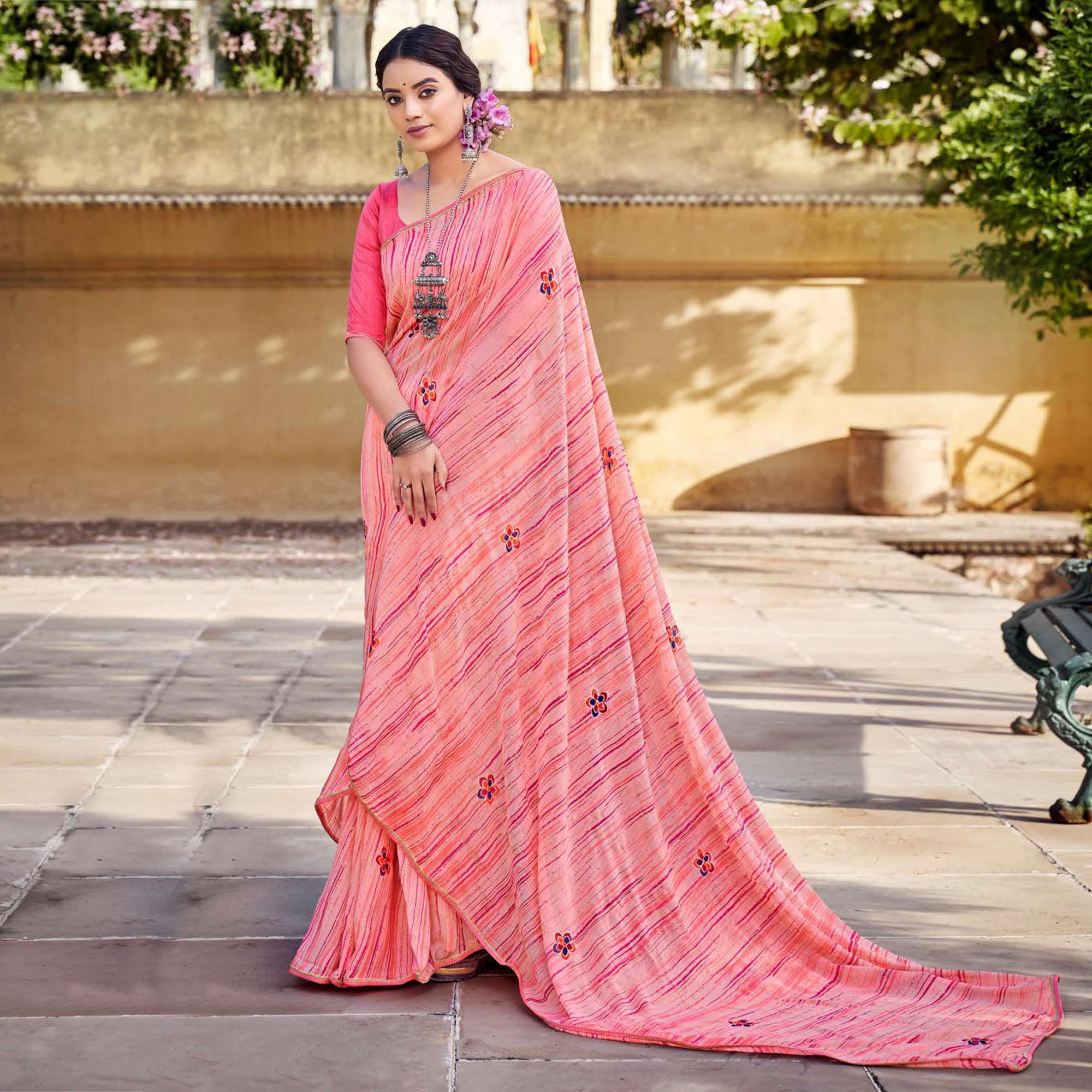 Peach Printed Raw Silk Saree With Fancy Border