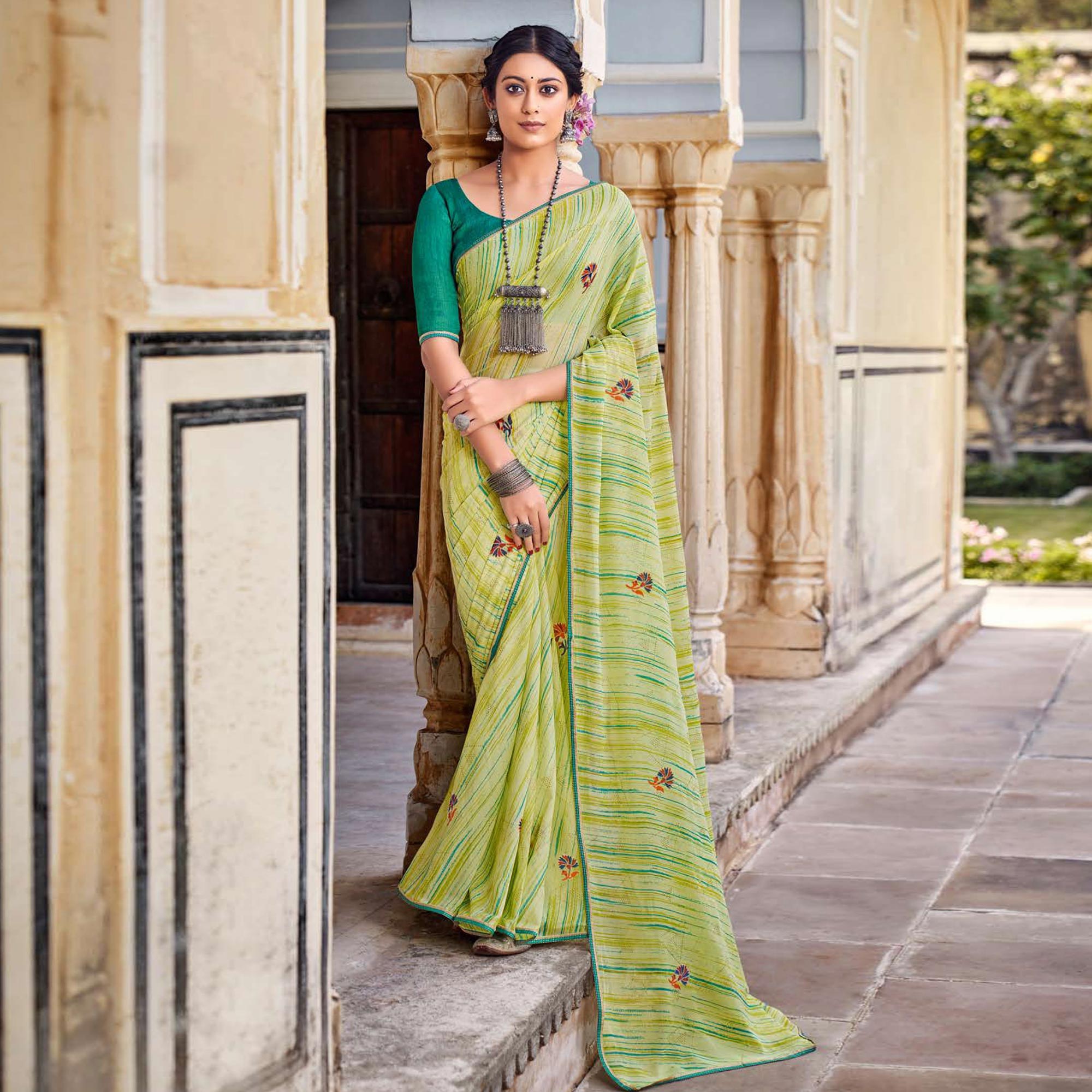 Green Printed Raw Silk Saree With Fancy Border