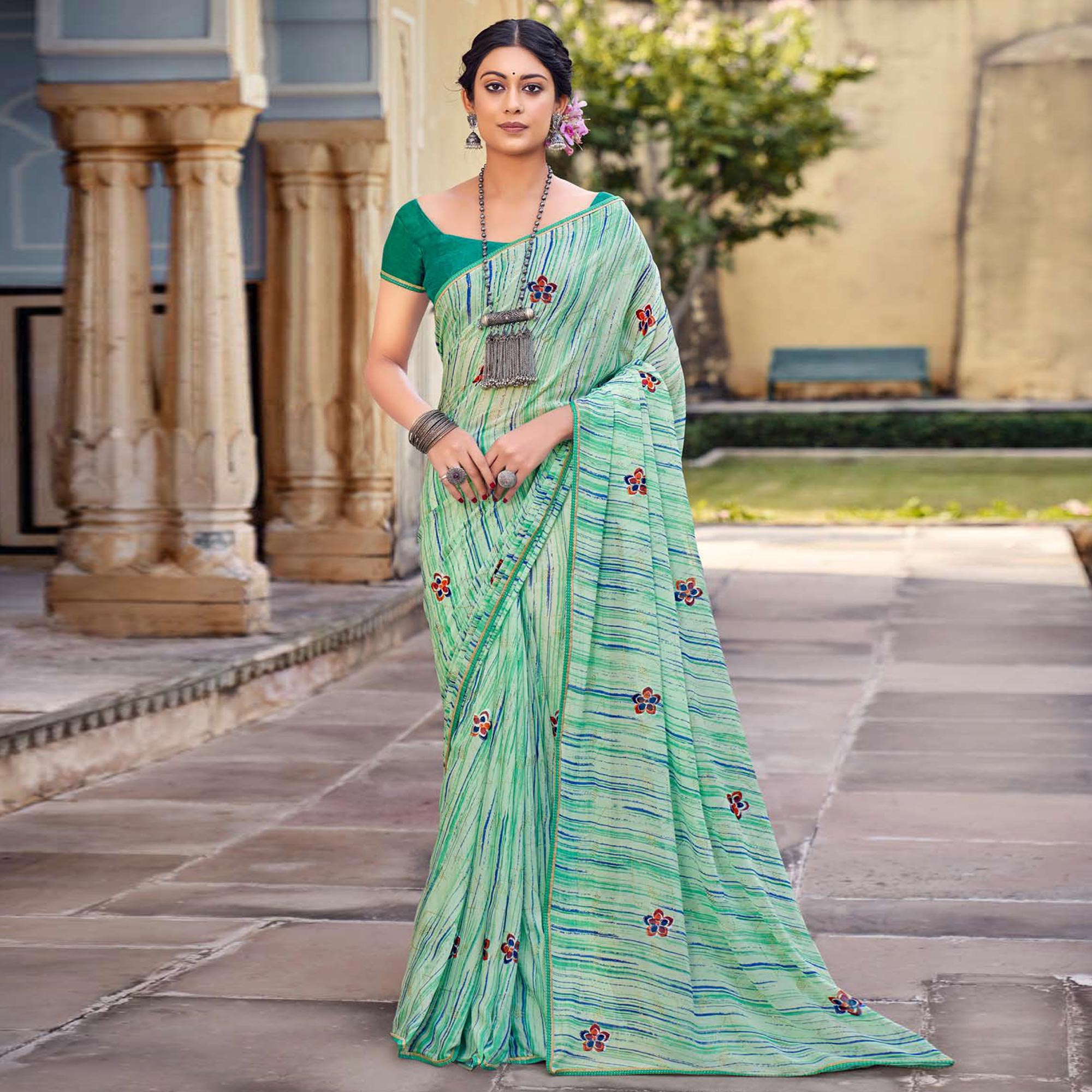Green Printed Raw Silk Saree With Fancy Border