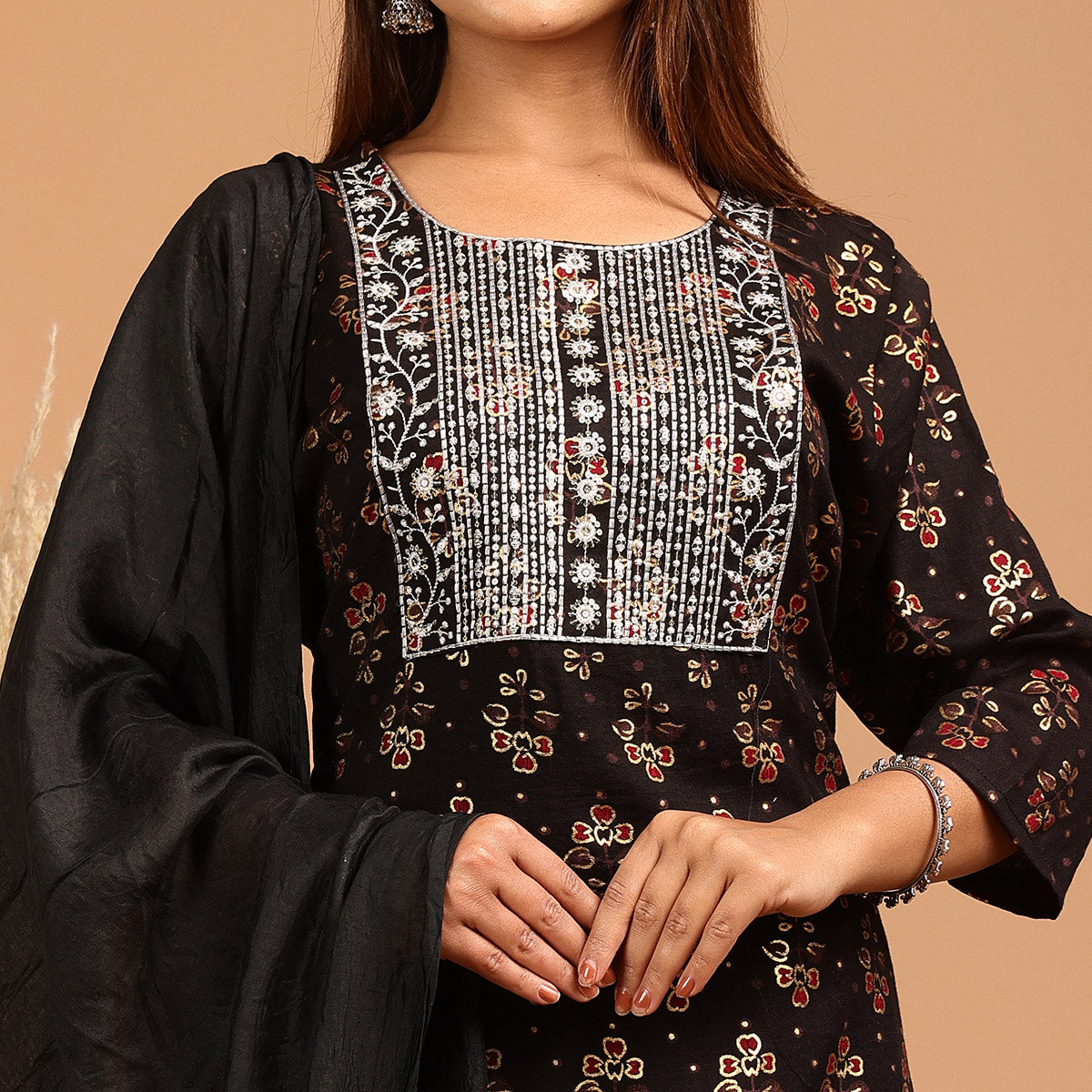 Black Printed With Embroidered Rayon Salwar Suit