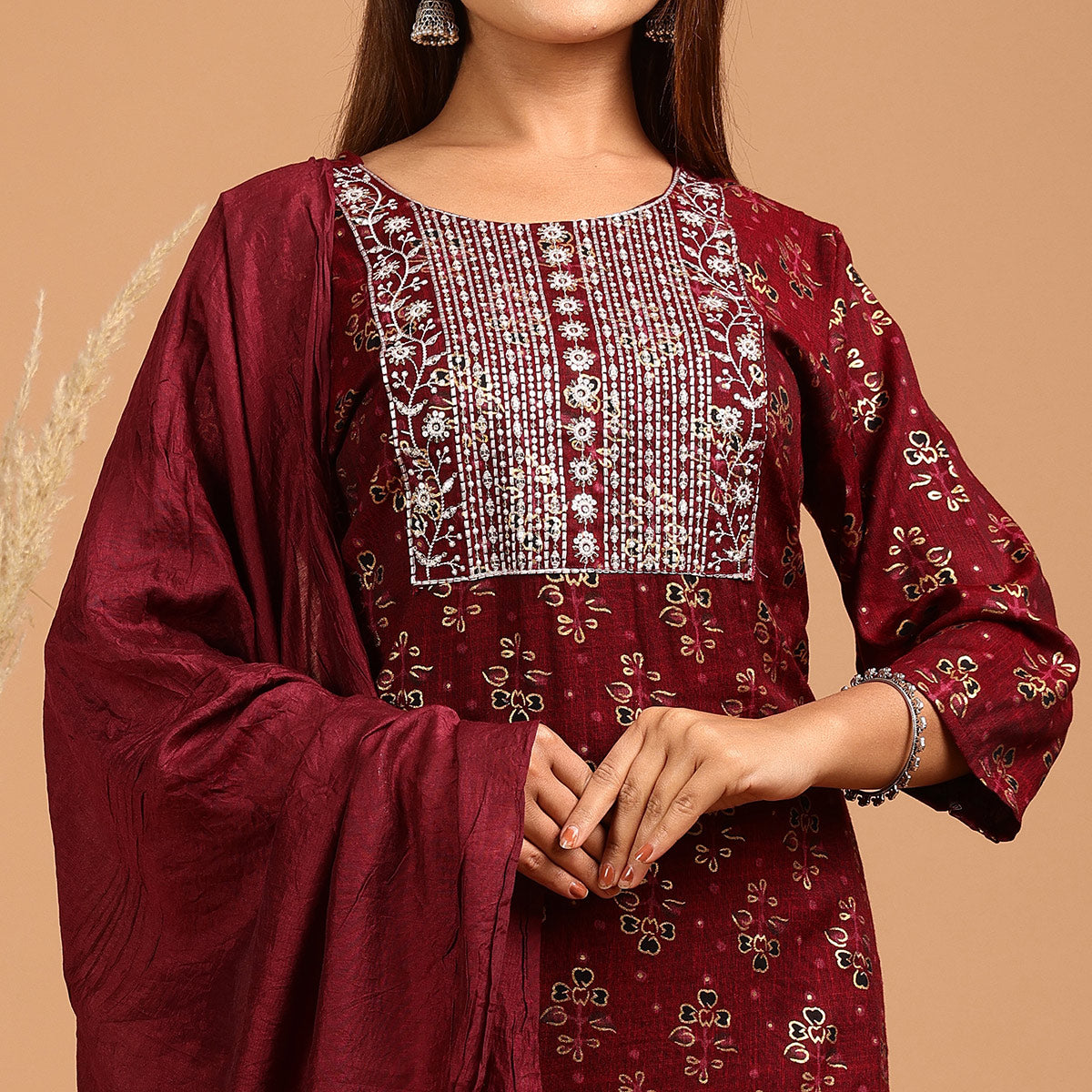 Maroon Printed With Embroidered Rayon Salwar Suit