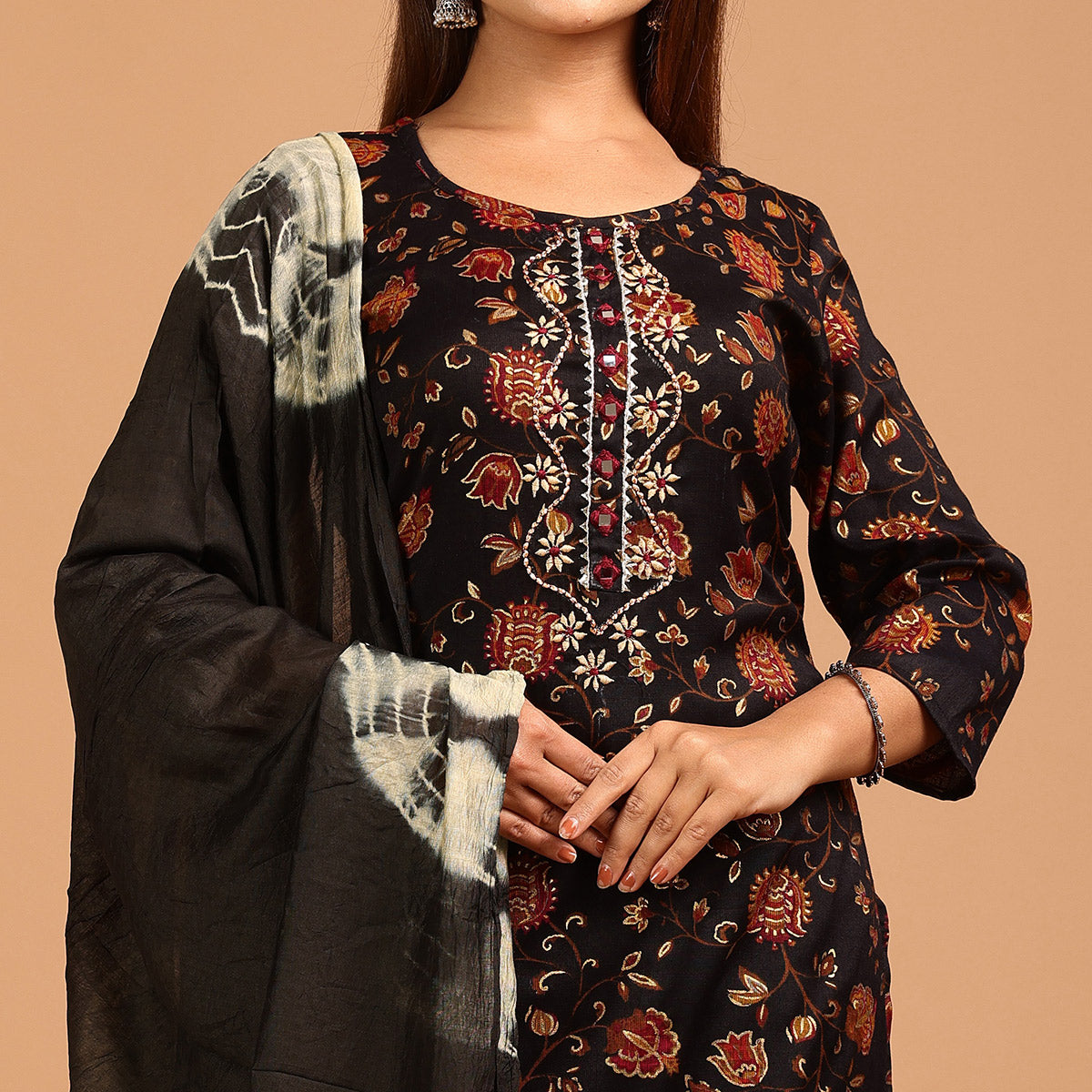 Black Printed With Embroidered Rayon Salwar Suit