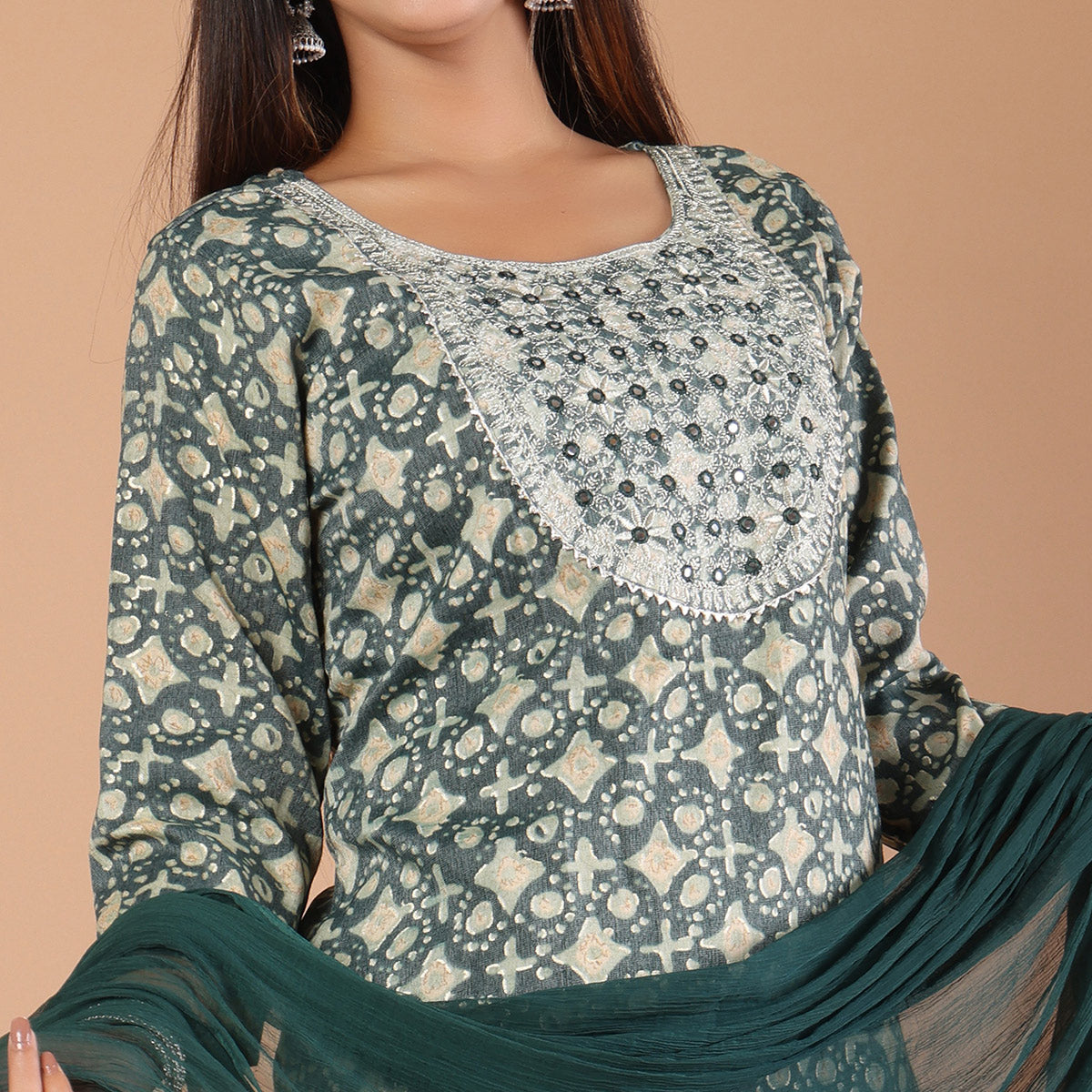 Green Printed With Embroidered Rayon Salwar Suit