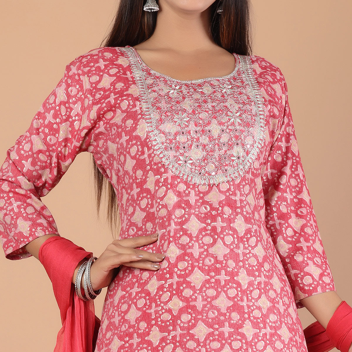 Pink Printed With Embroidered Rayon Salwar Suit