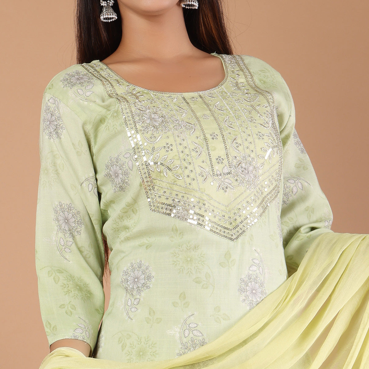 Green Printed With Embroidered Rayon Salwar Suit