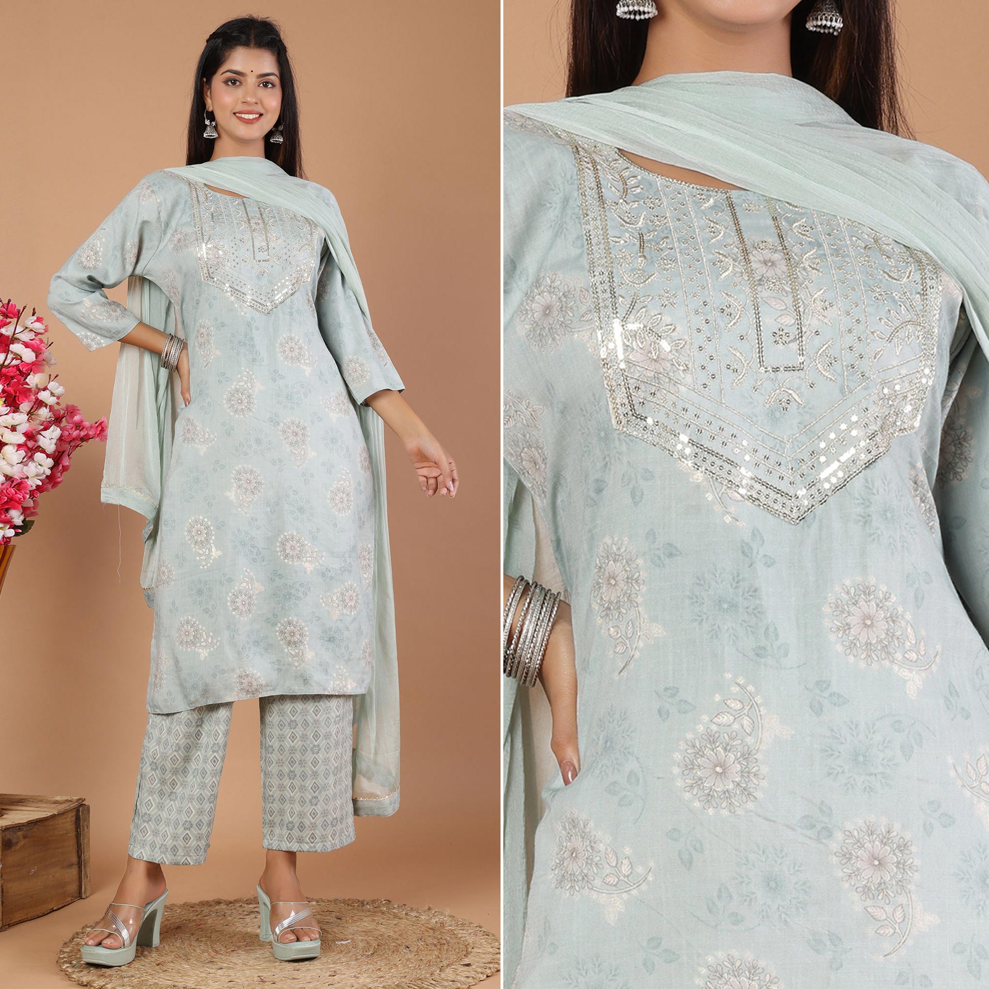 Grey Printed With Embroidered Rayon Salwar Suit