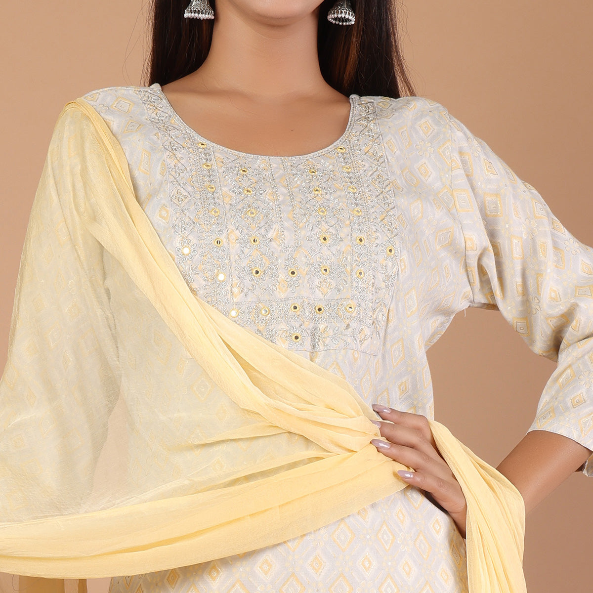 Yellow Printed With Embroidered Rayon Salwar Suit