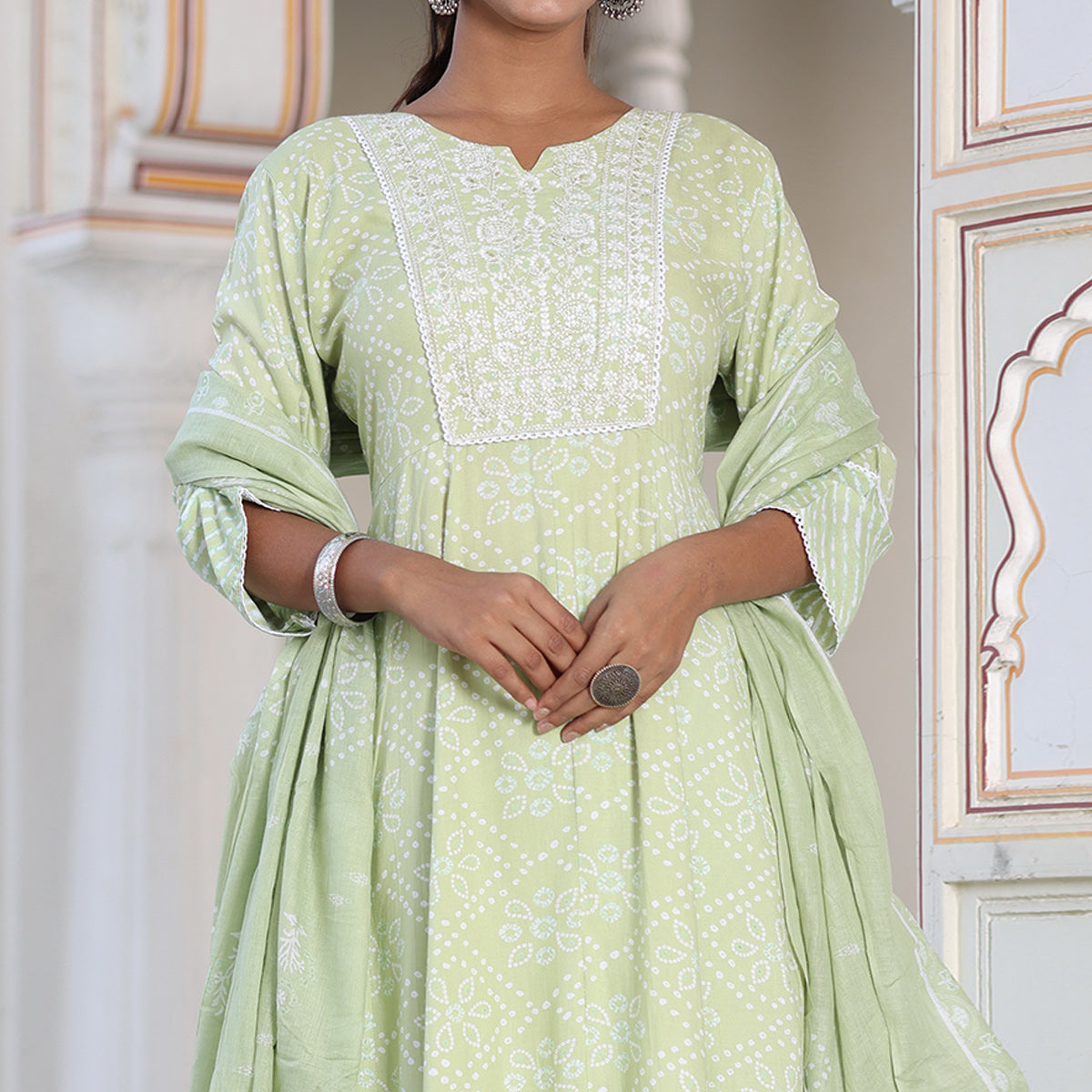 Green Printed With Embroidered Rayon Anarkali Suit