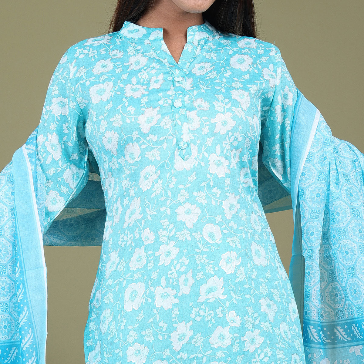 Aqua Blue Floral Foil Printed Rayon Suit