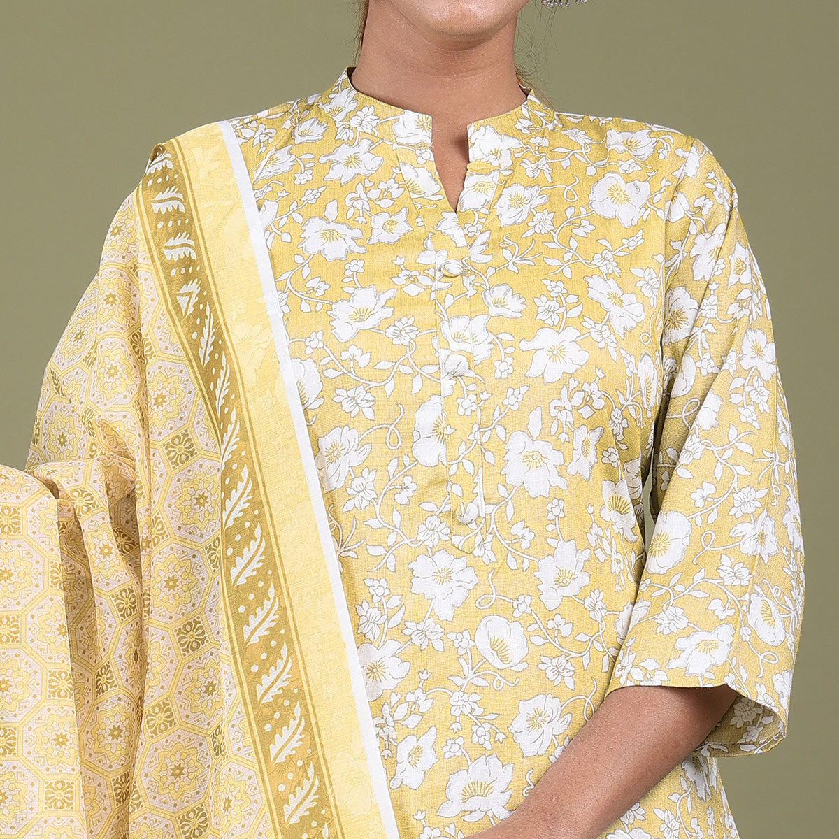 Yellow Floral Foil Printed Rayon Suit