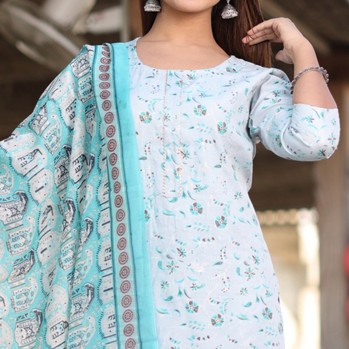 White-Aqua Blue Floral Foil Printed Rayon Suit