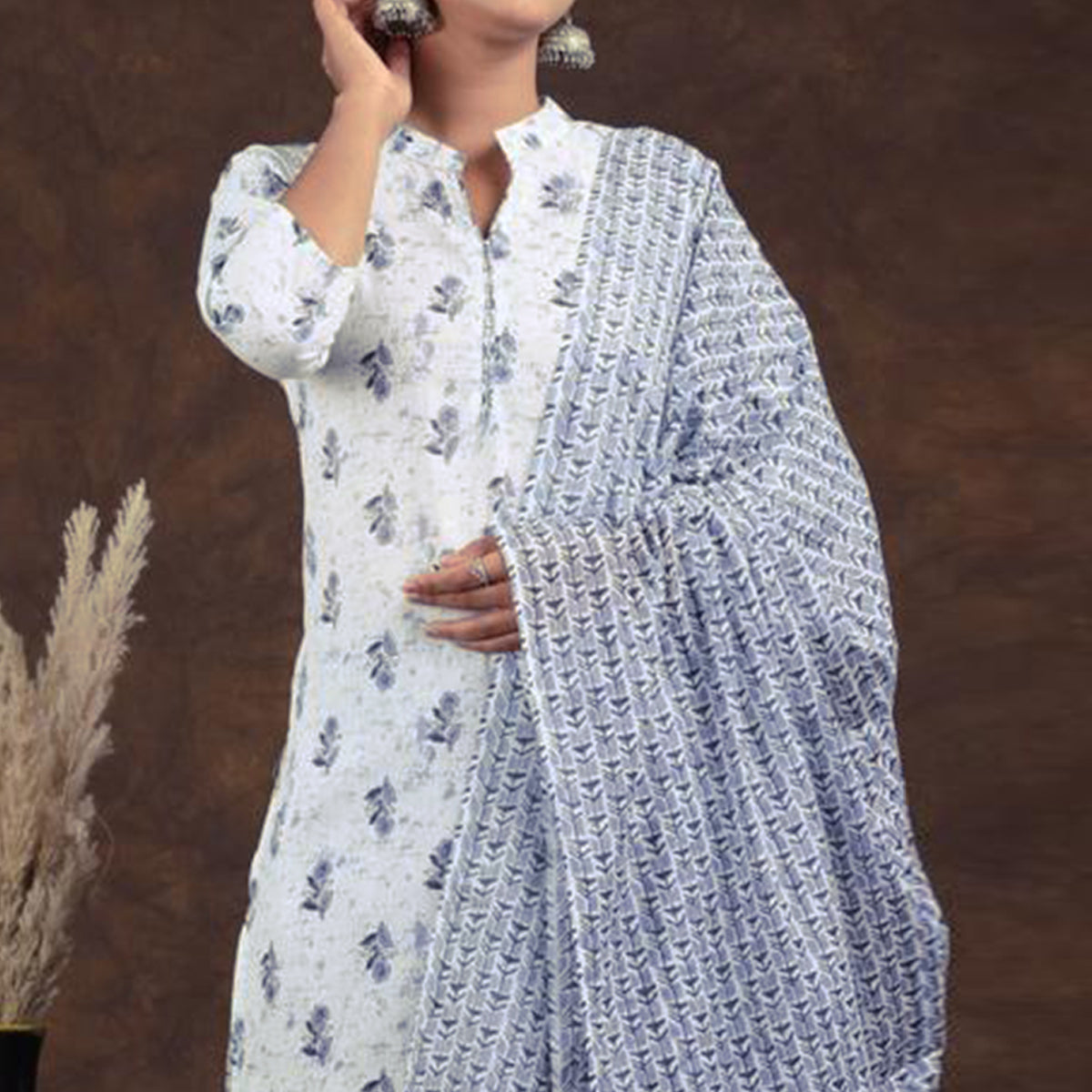 White-Grey Jaipuri Printed Pure Cotton Suit