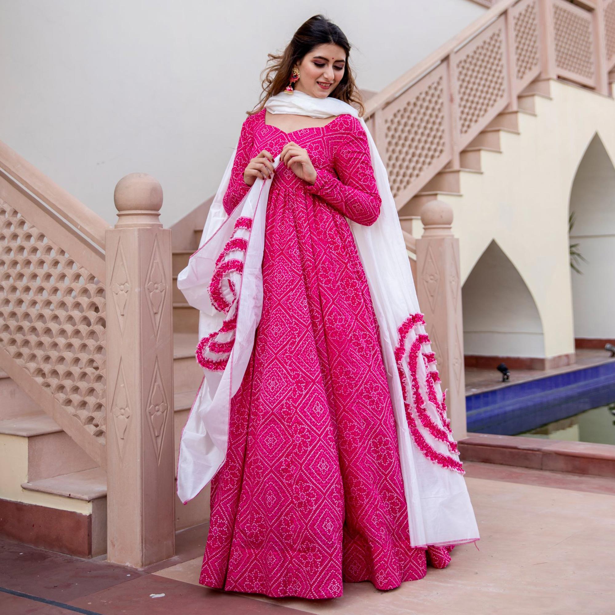 Pink Bandhani Printed Rayon Gown With Dupatta